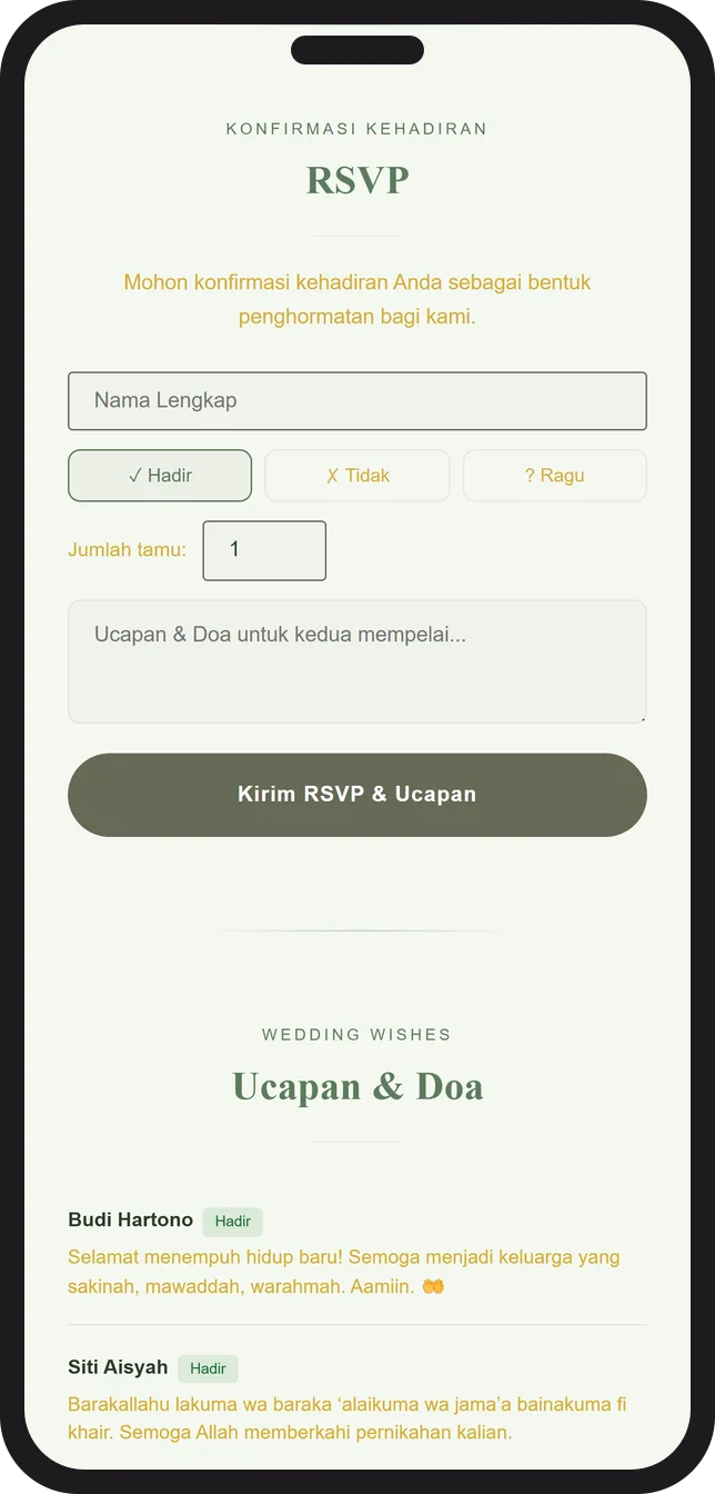 Tampilan formulir RSVP konfirmasi kehadiran di undangan pernikahan digital Sannubari, tema Syari Sage
