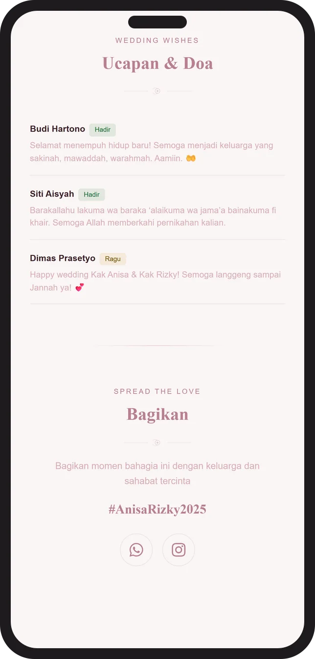 Tampilan ucapan dan doa tamu di undangan pernikahan digital Sannubari, tema Pearl Blush