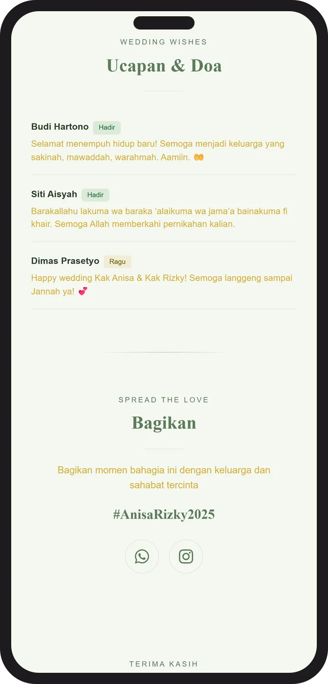 Tampilan ucapan dan doa tamu di undangan pernikahan digital Sannubari, tema Syari Sage