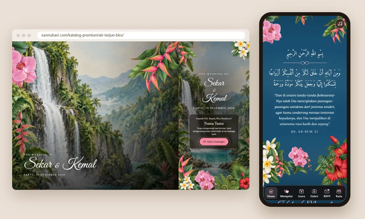 Tangkapan layar tema undangan premium Air Terjun Biru Sannubari: sampul di layar desktop dan isi undangan di ponsel
