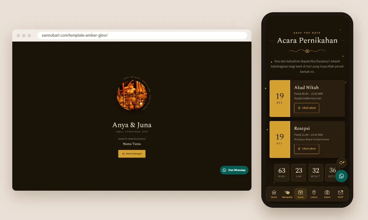 Tangkapan layar template undangan digital Amber Glow Sannubari: sampul di layar desktop dan isi undangan di ponsel