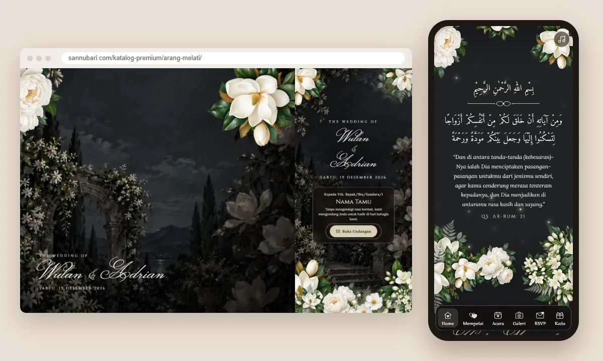 Tangkapan layar tema undangan premium Arang Melati Sannubari: sampul di layar desktop dan isi undangan di ponsel