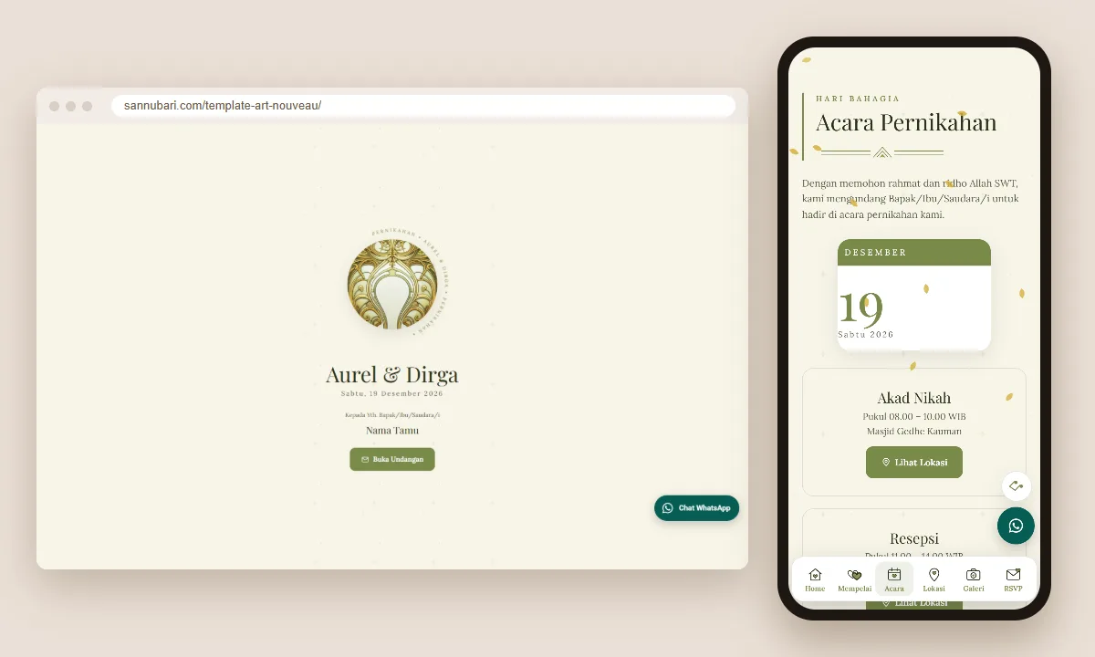 Tangkapan layar template undangan digital Art Nouveau Sannubari: sampul di layar desktop dan isi undangan di ponsel