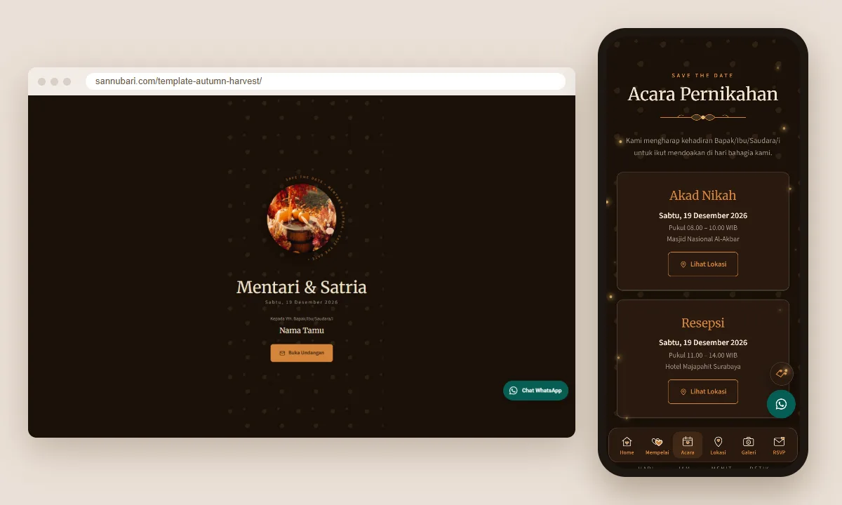 Tangkapan layar template undangan digital Autumn Harvest Sannubari: sampul di layar desktop dan isi undangan di ponsel