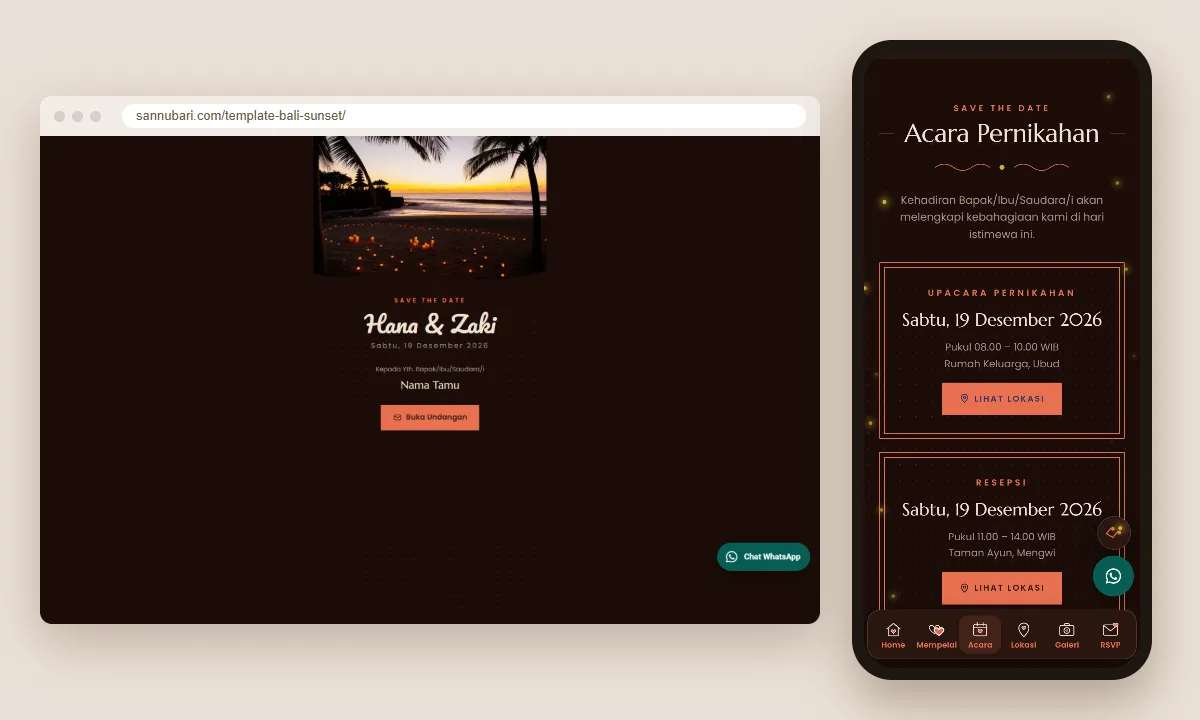 Tangkapan layar template undangan digital Bali Sunset Sannubari: sampul di layar desktop dan isi undangan di ponsel