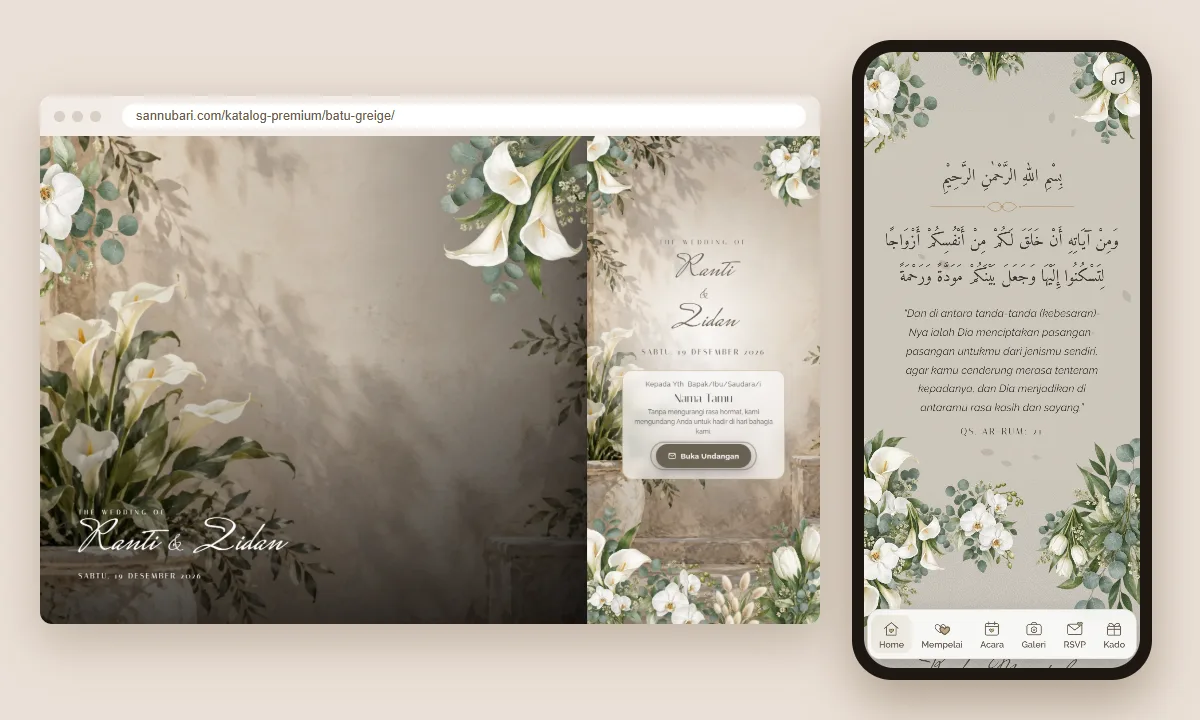 Tangkapan layar tema undangan premium Batu Greige Sannubari: sampul di layar desktop dan isi undangan di ponsel