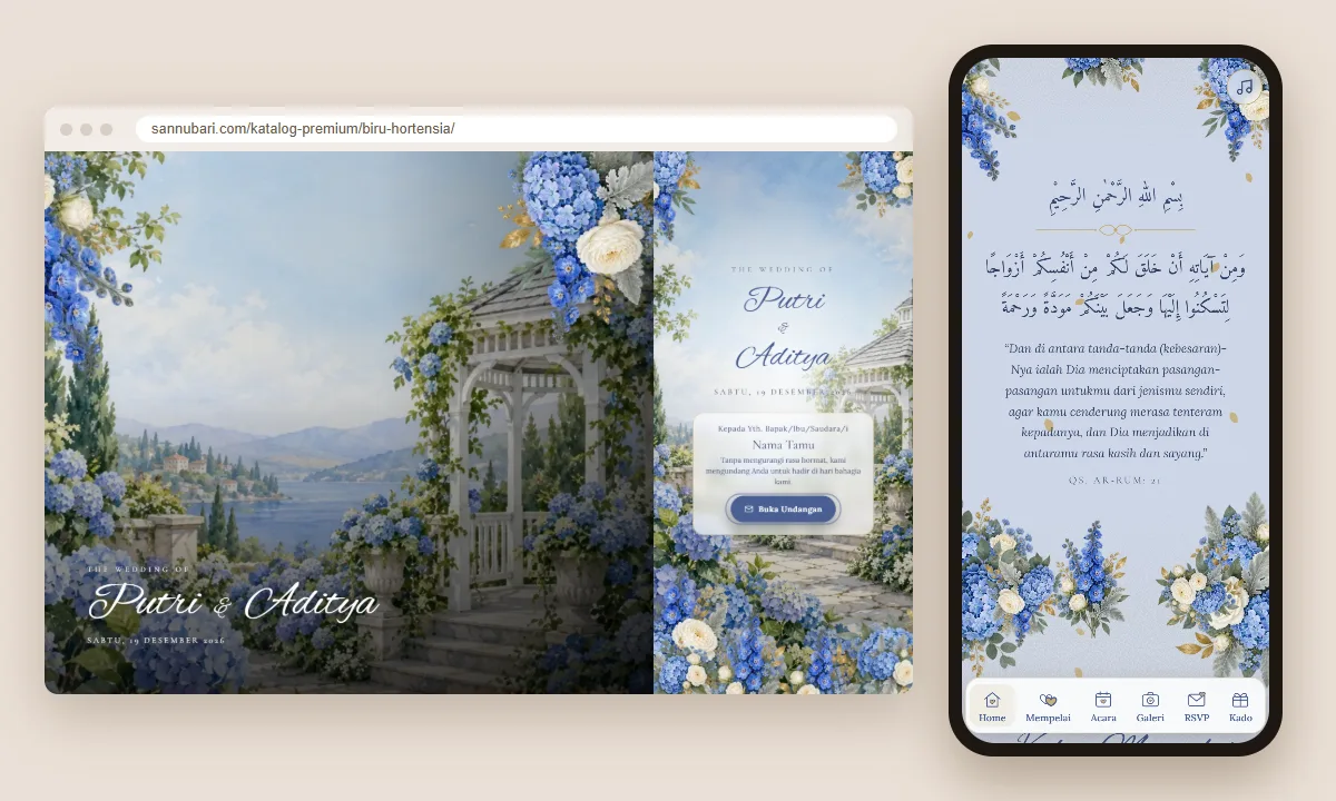 Tangkapan layar tema undangan premium Biru Hortensia Sannubari: sampul di layar desktop dan isi undangan di ponsel