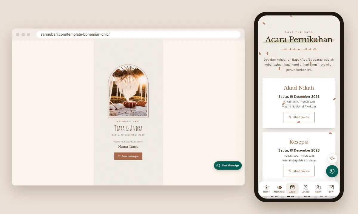 Tangkapan layar template undangan digital Bohemian Chic Sannubari: sampul di layar desktop dan isi undangan di ponsel
