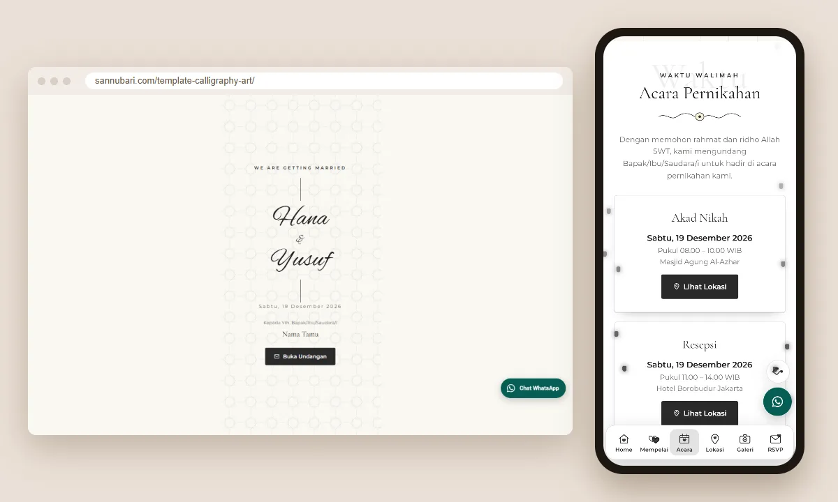 Tangkapan layar template undangan digital Calligraphy Art Sannubari: sampul di layar desktop dan isi undangan di ponsel
