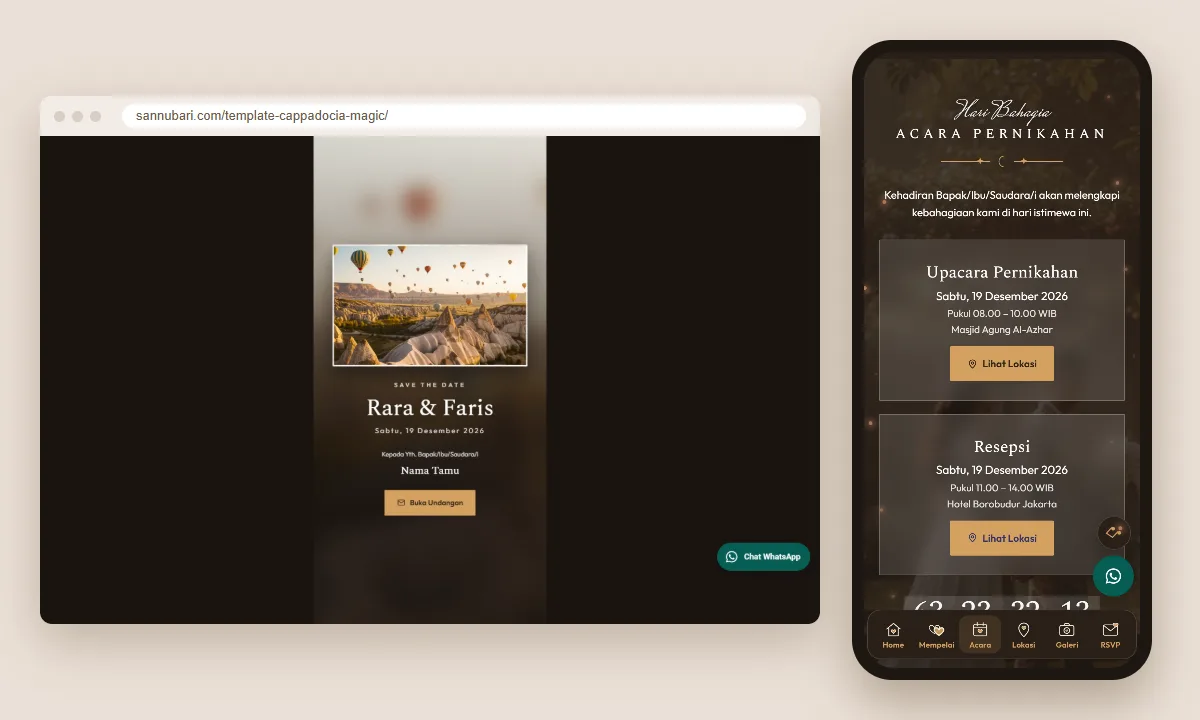 Tangkapan layar template undangan digital Cappadocia Magic Sannubari: sampul di layar desktop dan isi undangan di ponsel