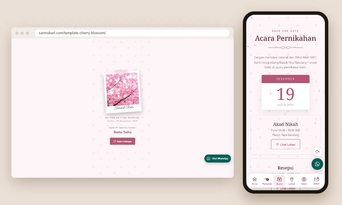 Tangkapan layar template undangan digital Cherry Blossom Sannubari: sampul di layar desktop dan isi undangan di ponsel