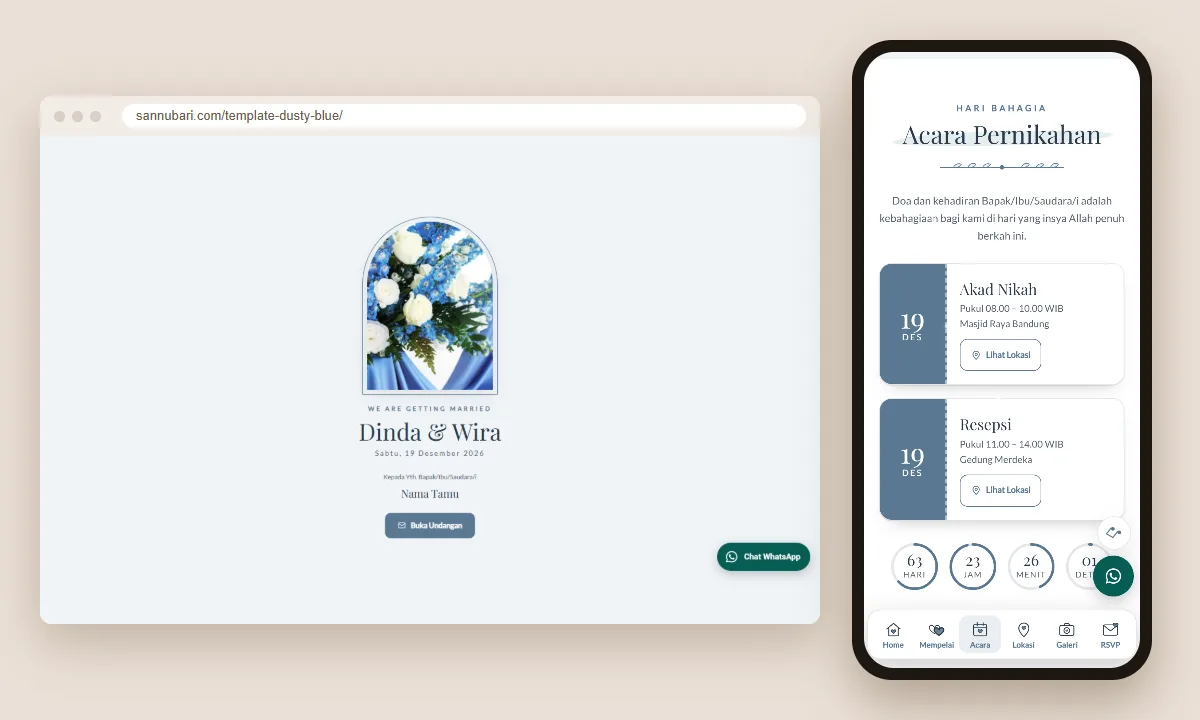 Tangkapan layar template undangan digital Dusty Blue Sannubari: sampul di layar desktop dan isi undangan di ponsel