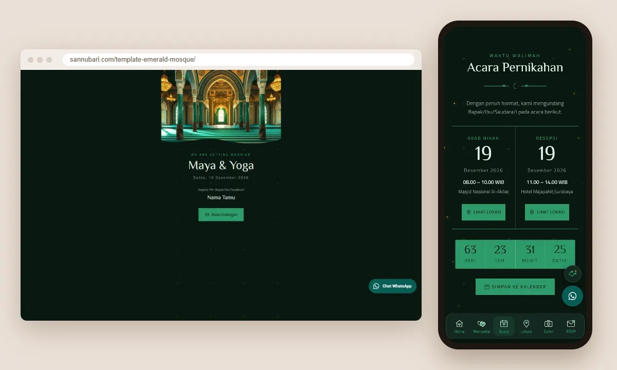 Tangkapan layar template undangan digital Emerald Mosque Sannubari: sampul di layar desktop dan isi undangan di ponsel