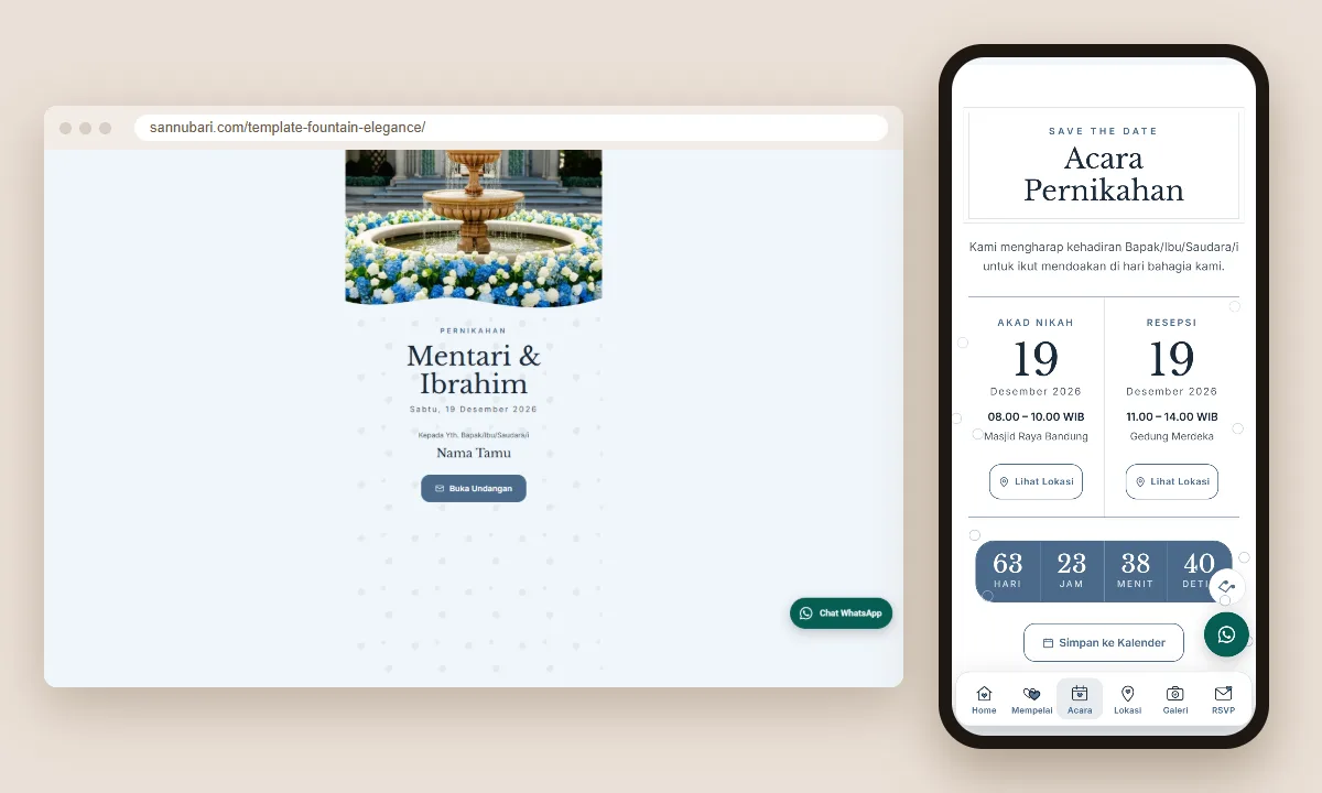 Tangkapan layar template undangan digital Fountain Elegance Sannubari: sampul di layar desktop dan isi undangan di ponsel