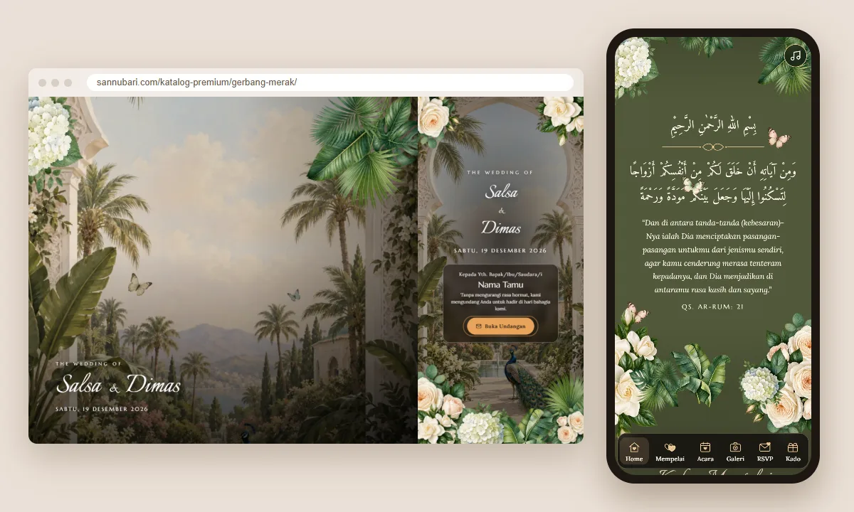 Tangkapan layar tema undangan premium Gerbang Merak Sannubari: sampul di layar desktop dan isi undangan di ponsel
