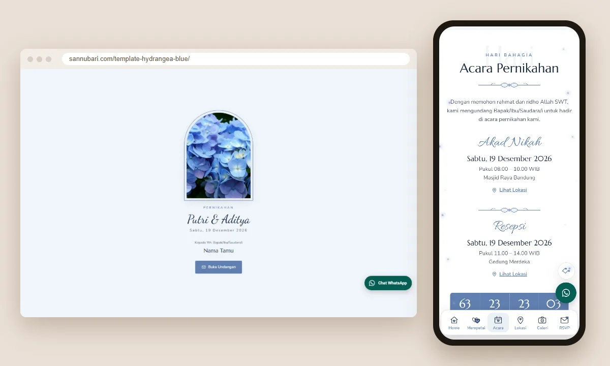 Tangkapan layar template undangan digital Hydrangea Blue Sannubari: sampul di layar desktop dan isi undangan di ponsel