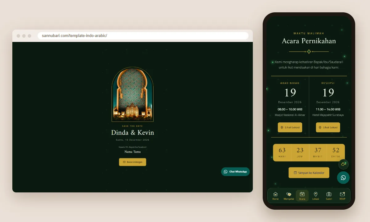 Tangkapan layar template undangan digital Indo-Arabic Sannubari: sampul di layar desktop dan isi undangan di ponsel