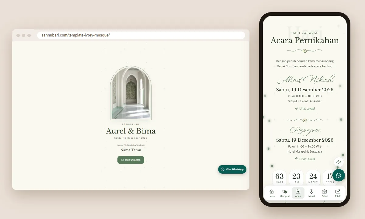 Tangkapan layar template undangan digital Ivory Mosque Sannubari: sampul di layar desktop dan isi undangan di ponsel