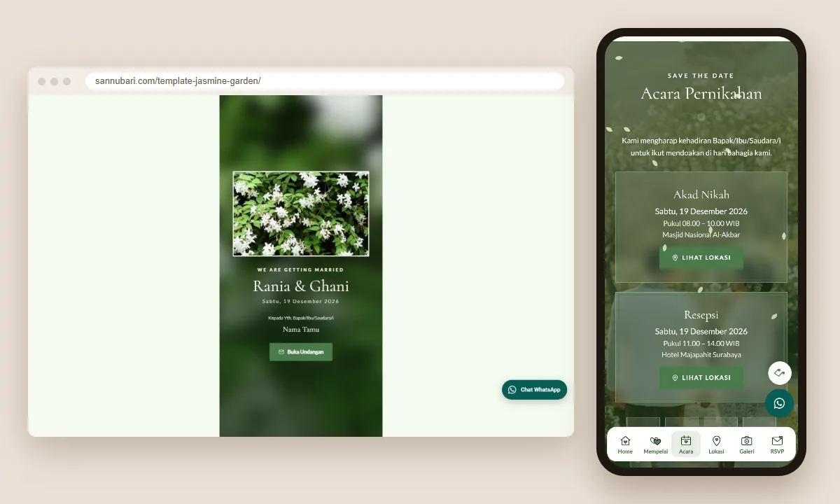 Tangkapan layar template undangan digital Jasmine Garden Sannubari: sampul di layar desktop dan isi undangan di ponsel