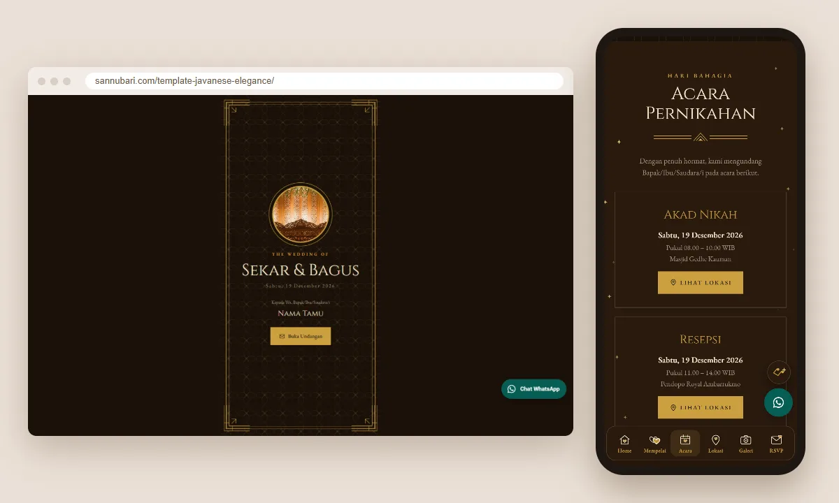 Tangkapan layar template undangan digital Javanese Elegance Sannubari: sampul di layar desktop dan isi undangan di ponsel