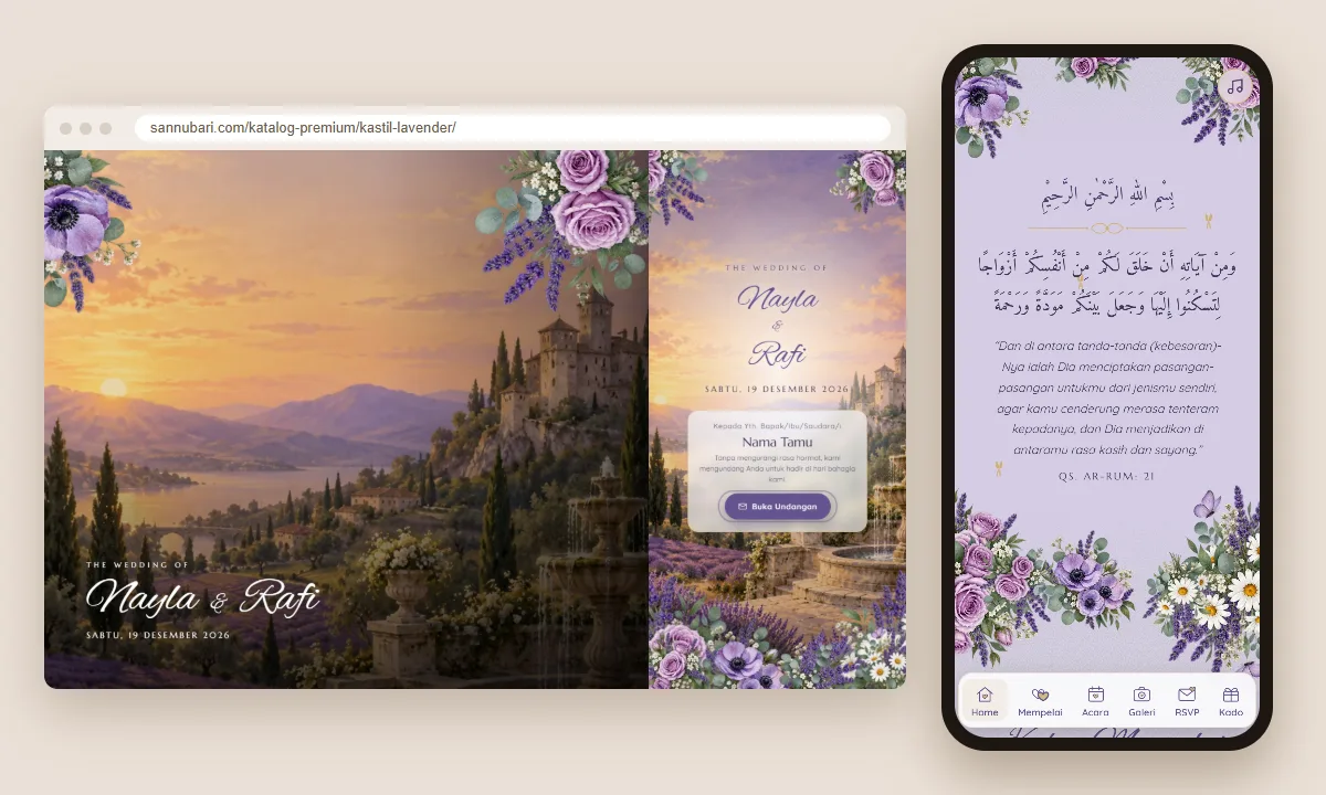 Tangkapan layar tema undangan premium Kastil Lavender Sannubari: sampul di layar desktop dan isi undangan di ponsel