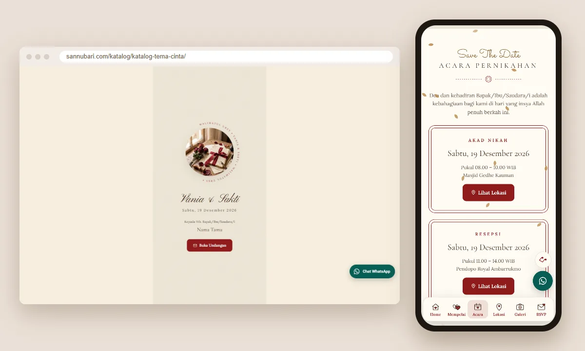 Tangkapan layar template undangan digital Cinta Sannubari: sampul di layar desktop dan isi undangan di ponsel