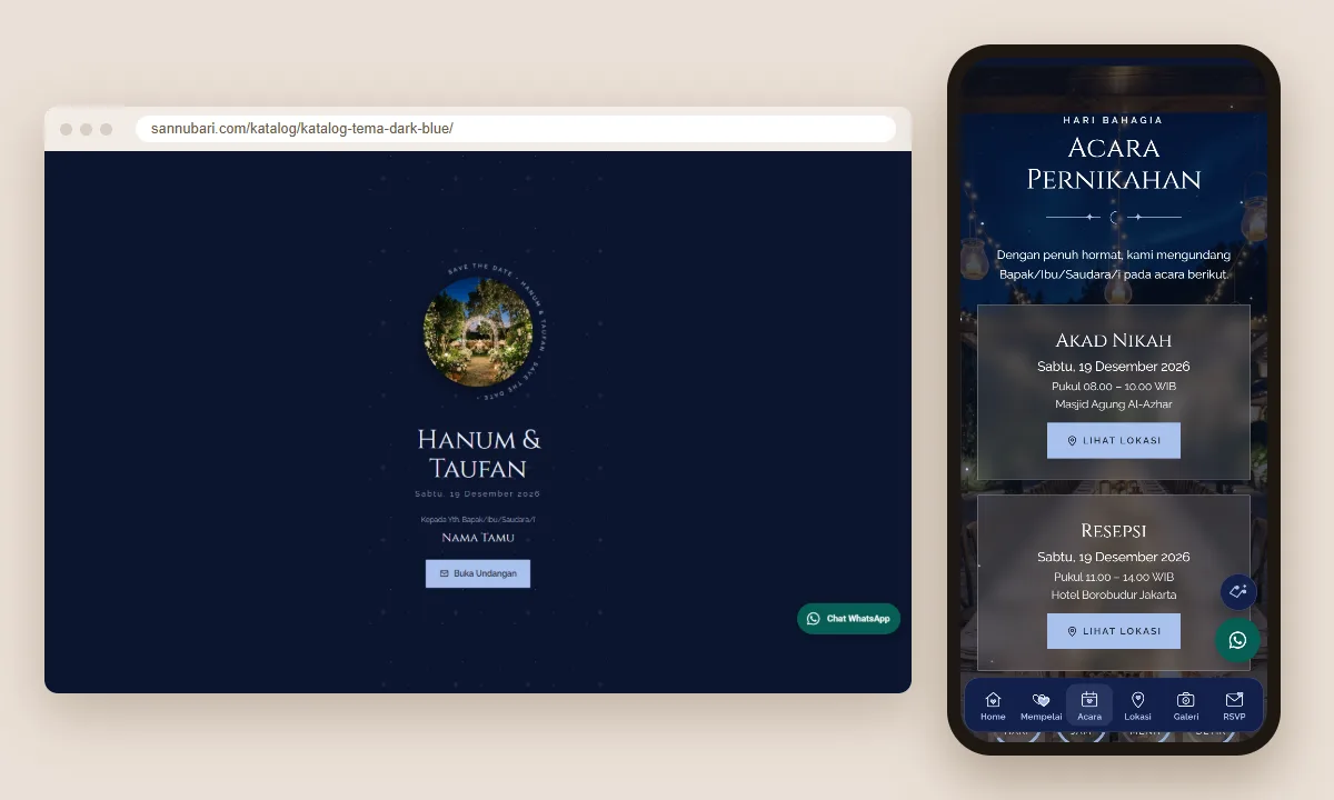 Tangkapan layar template undangan digital Dark Blue Sannubari: sampul di layar desktop dan isi undangan di ponsel