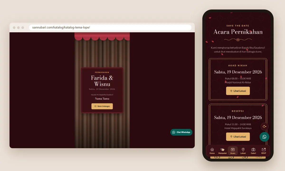 Tangkapan layar template undangan digital Lope Sannubari: sampul di layar desktop dan isi undangan di ponsel