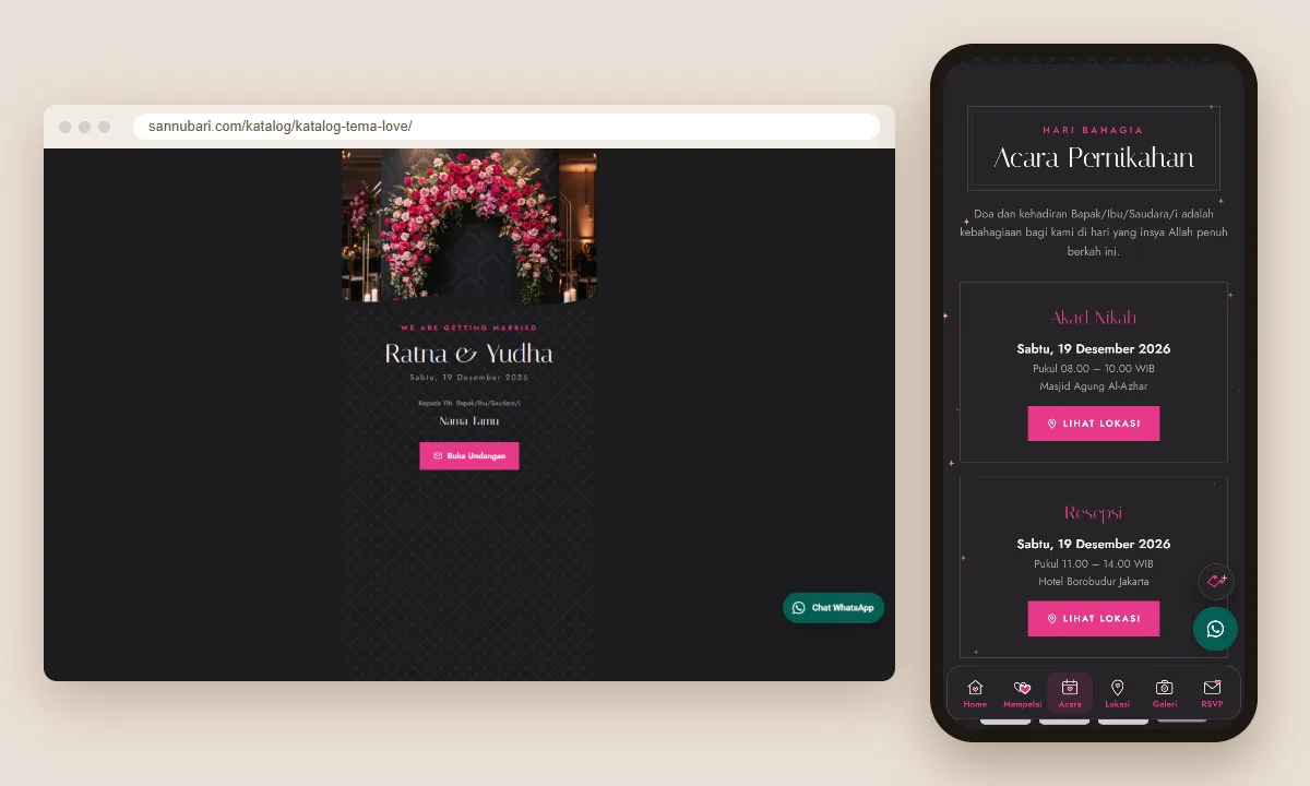 Tangkapan layar template undangan digital Love Sannubari: sampul di layar desktop dan isi undangan di ponsel