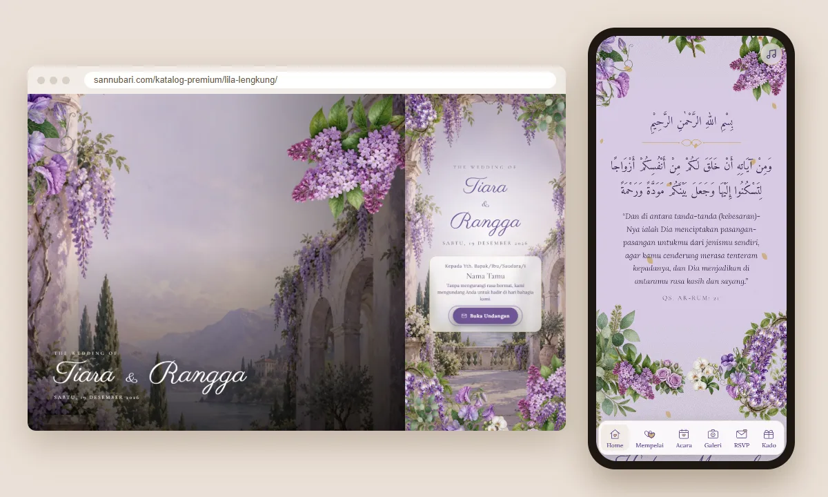 Tangkapan layar tema undangan premium Lila Lengkung Sannubari: sampul di layar desktop dan isi undangan di ponsel