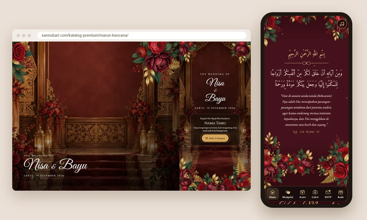 Tangkapan layar tema undangan premium Marun Kencana Sannubari: sampul di layar desktop dan isi undangan di ponsel