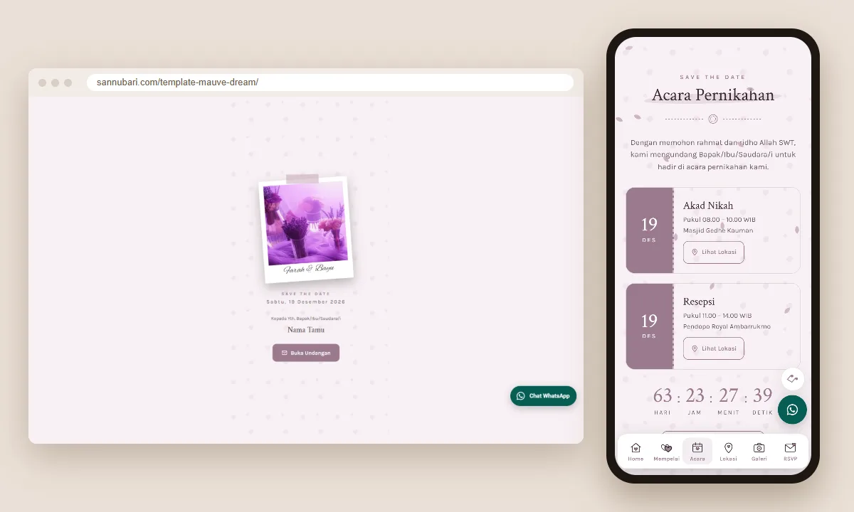 Tangkapan layar template undangan digital Mauve Dream Sannubari: sampul di layar desktop dan isi undangan di ponsel