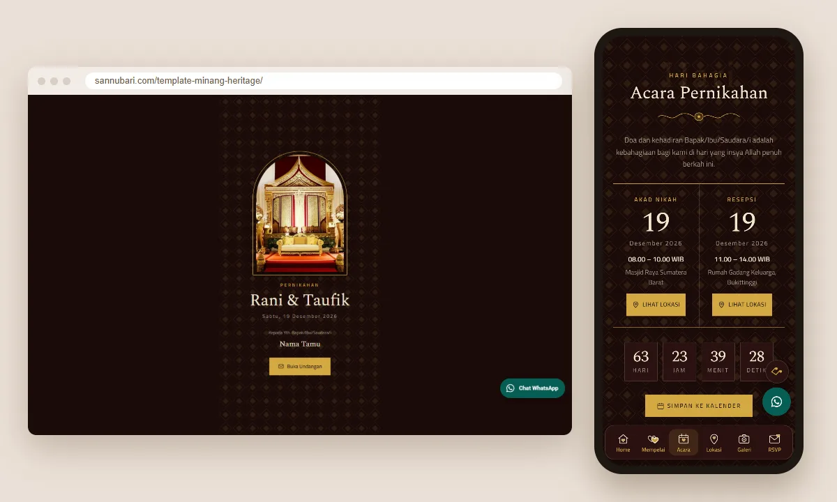 Tangkapan layar template undangan digital Minang Heritage Sannubari: sampul di layar desktop dan isi undangan di ponsel