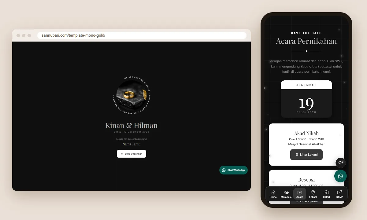 Tangkapan layar template undangan digital Mono Gold Sannubari: sampul di layar desktop dan isi undangan di ponsel