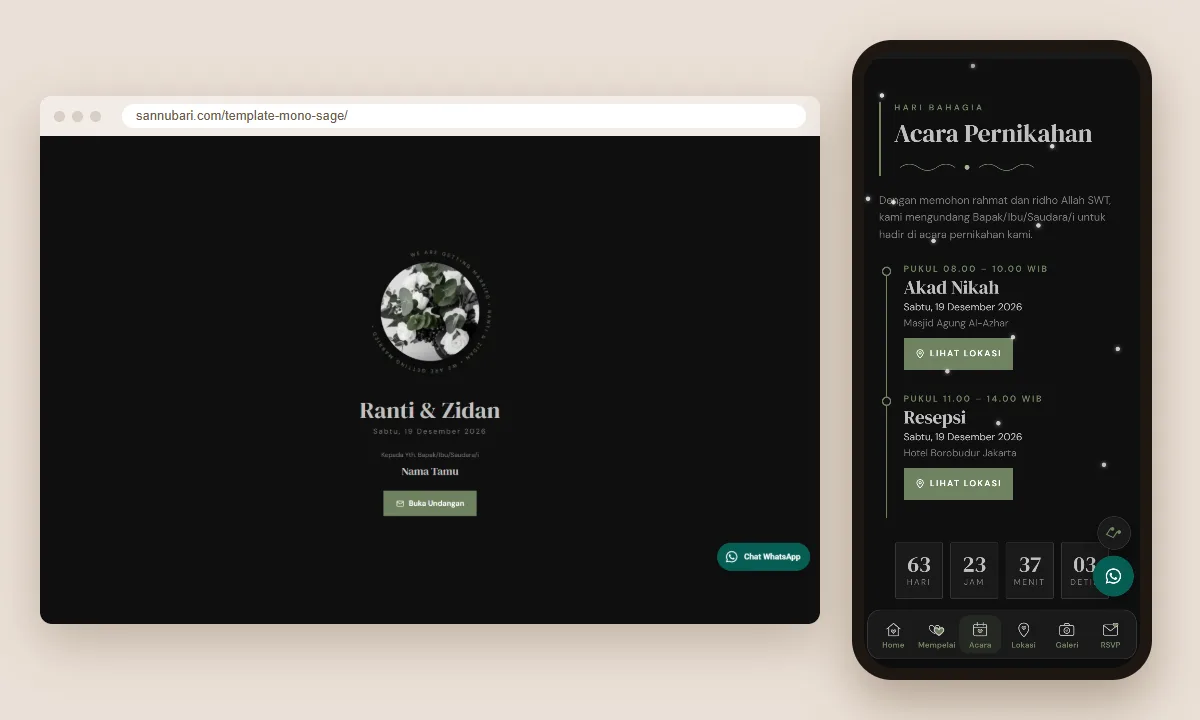 Tangkapan layar template undangan digital Mono Sage Sannubari: sampul di layar desktop dan isi undangan di ponsel