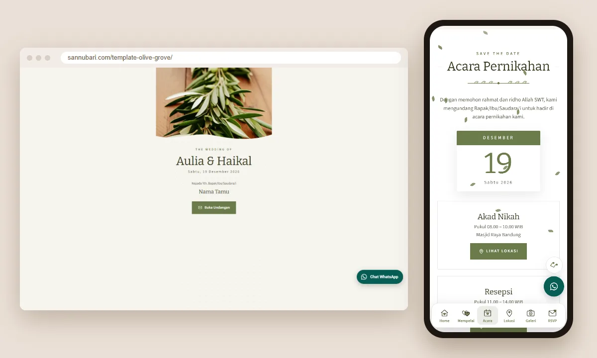 Tangkapan layar template undangan digital Olive Grove Sannubari: sampul di layar desktop dan isi undangan di ponsel