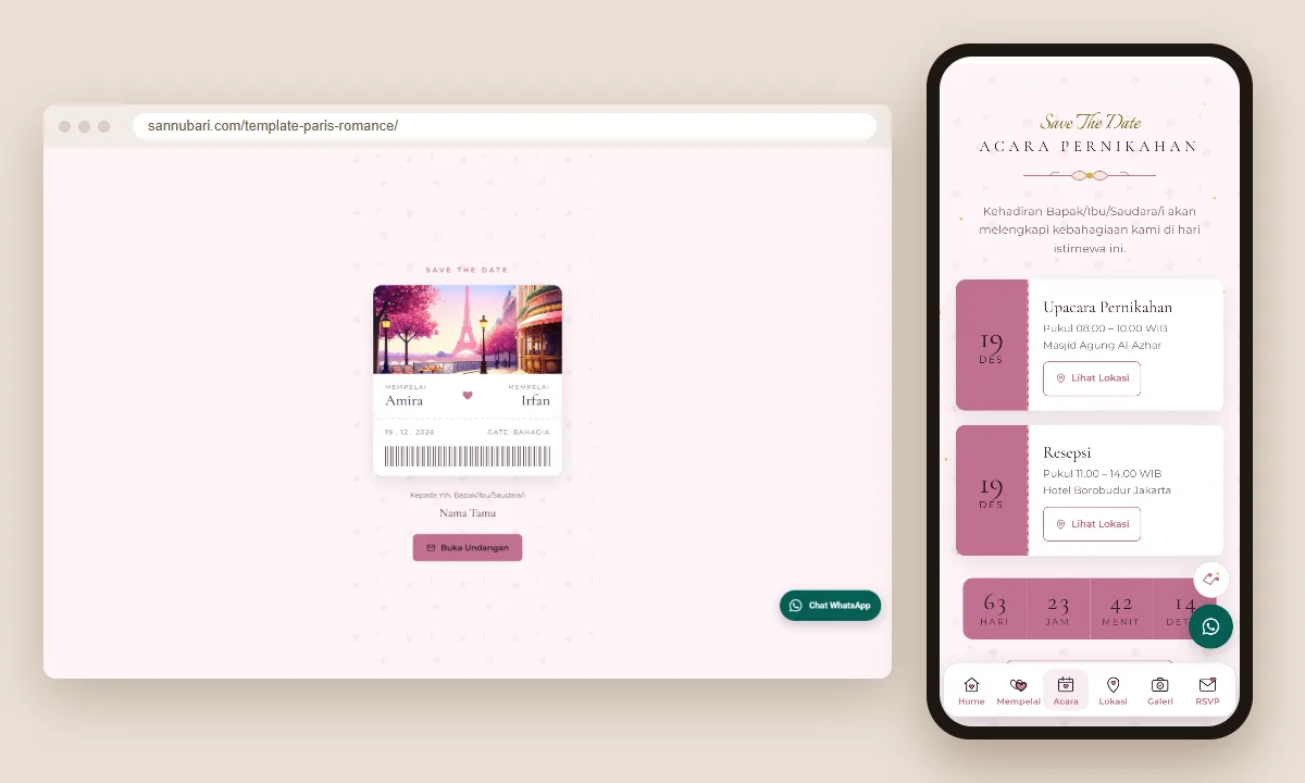 Tangkapan layar template undangan digital Paris Romance Sannubari: sampul di layar desktop dan isi undangan di ponsel