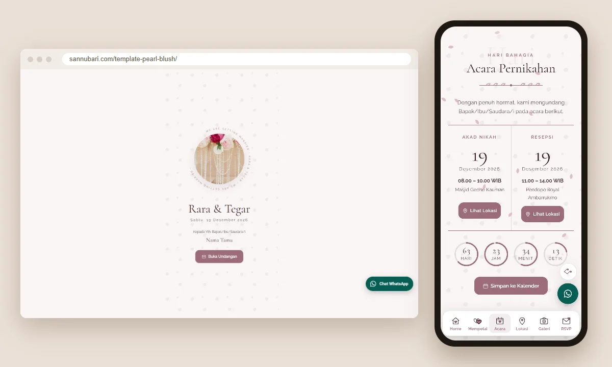 Tangkapan layar template undangan digital Pearl Blush Sannubari: sampul di layar desktop dan isi undangan di ponsel