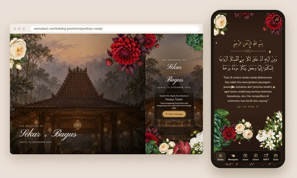 Tangkapan layar tema undangan premium Pendopo Senja Sannubari: sampul di layar desktop dan isi undangan di ponsel