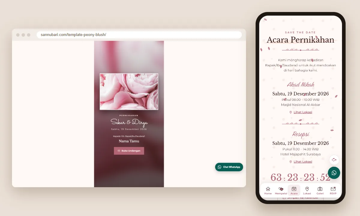 Tangkapan layar template undangan digital Peony Blush Sannubari: sampul di layar desktop dan isi undangan di ponsel