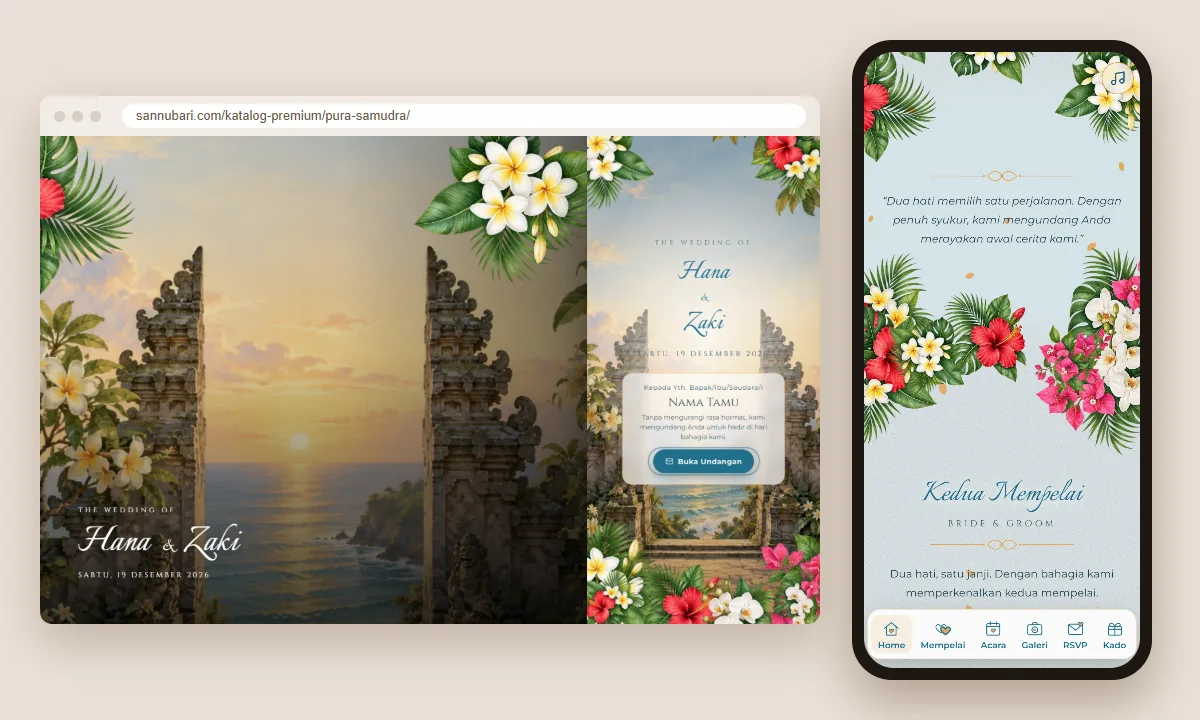 Tangkapan layar tema undangan premium Pura Samudra Sannubari: sampul di layar desktop dan isi undangan di ponsel