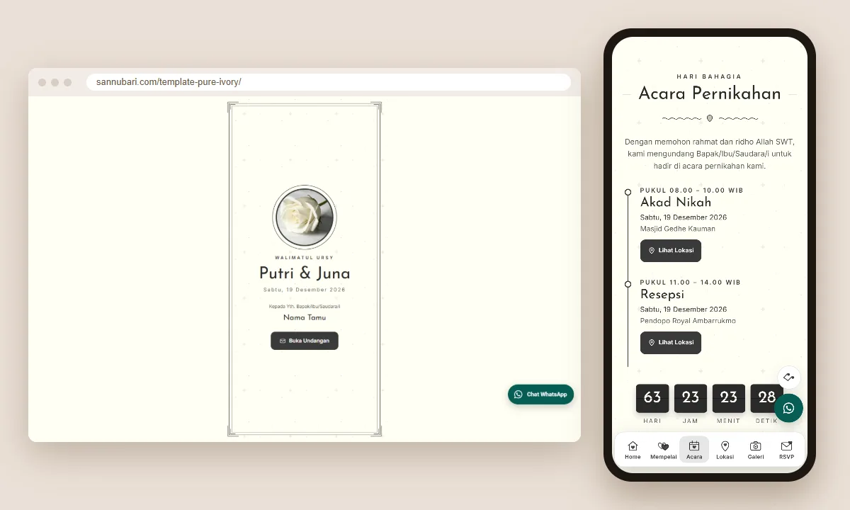 Tangkapan layar template undangan digital Pure Ivory Sannubari: sampul di layar desktop dan isi undangan di ponsel