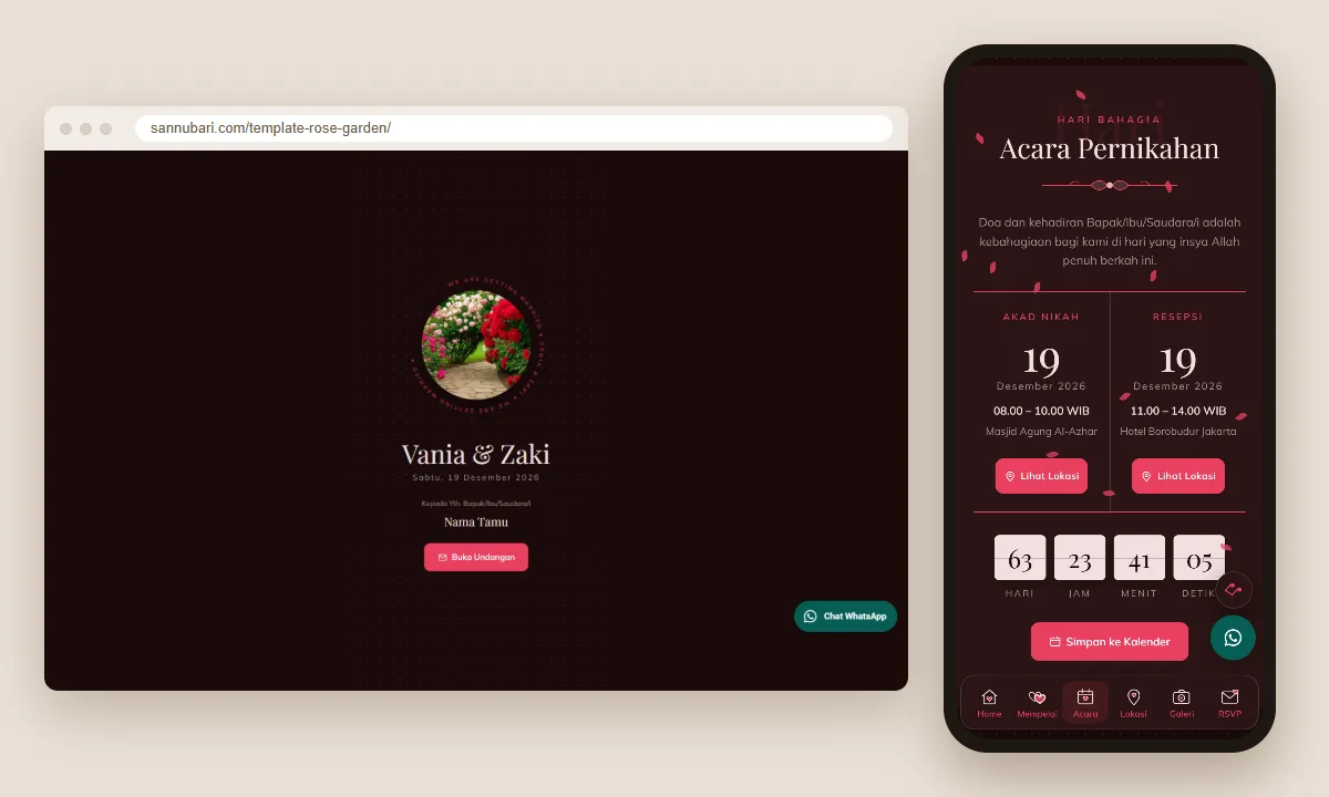 Tangkapan layar template undangan digital Rose Garden Sannubari: sampul di layar desktop dan isi undangan di ponsel