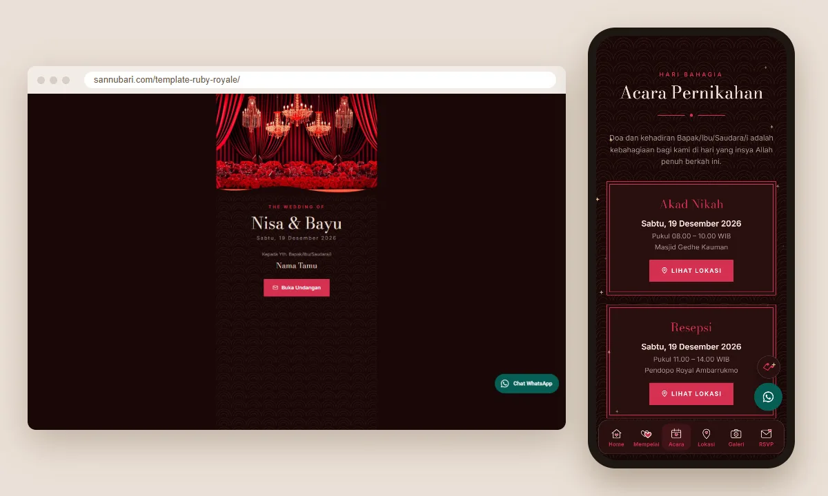 Tangkapan layar template undangan digital Ruby Royale Sannubari: sampul di layar desktop dan isi undangan di ponsel