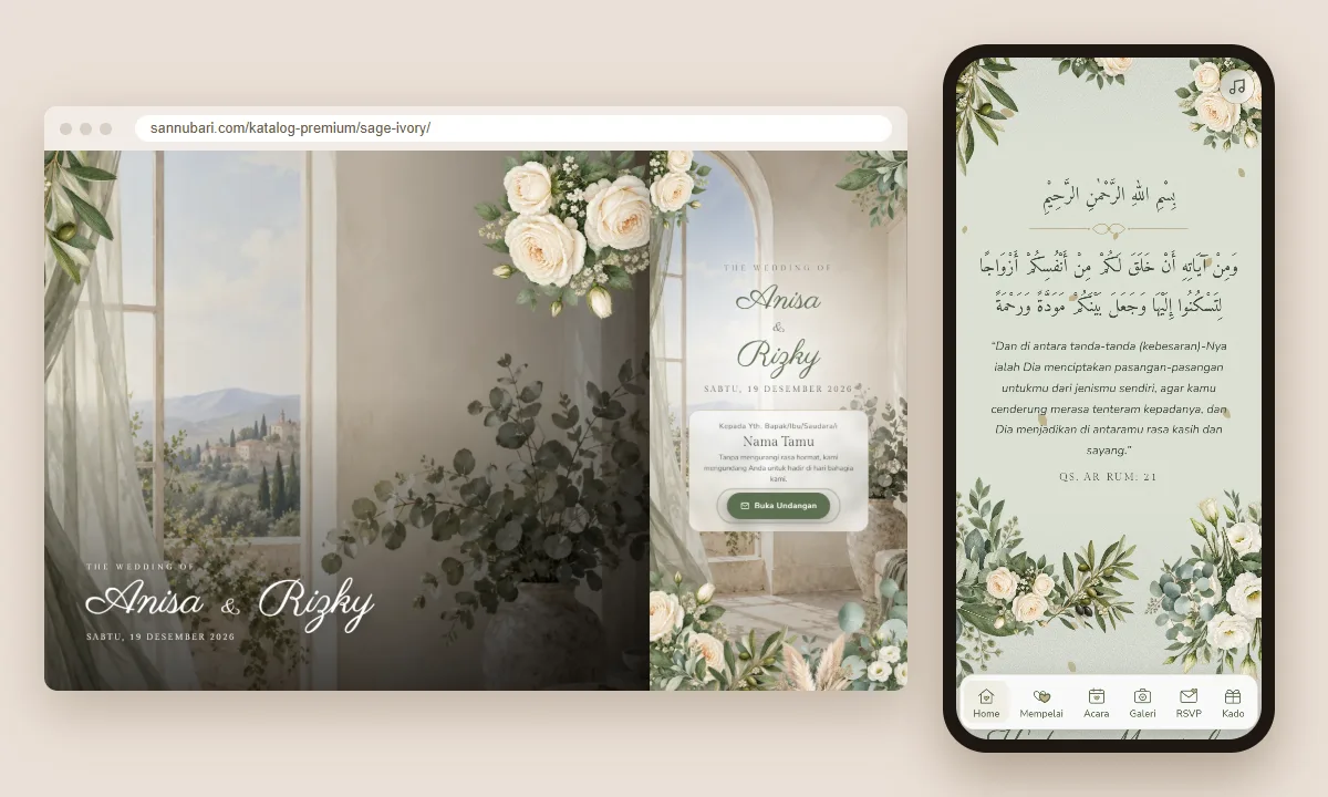 Tangkapan layar tema undangan premium Sage Ivory Sannubari: sampul di layar desktop dan isi undangan di ponsel