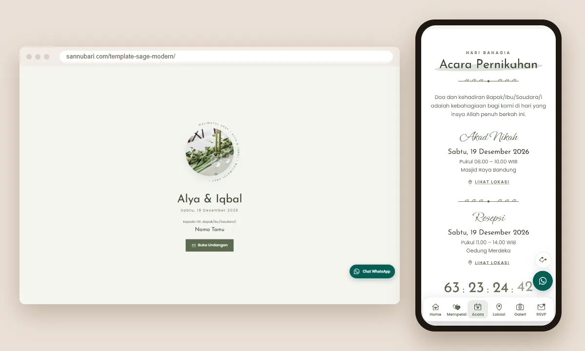Tangkapan layar template undangan digital Sage Modern Sannubari: sampul di layar desktop dan isi undangan di ponsel