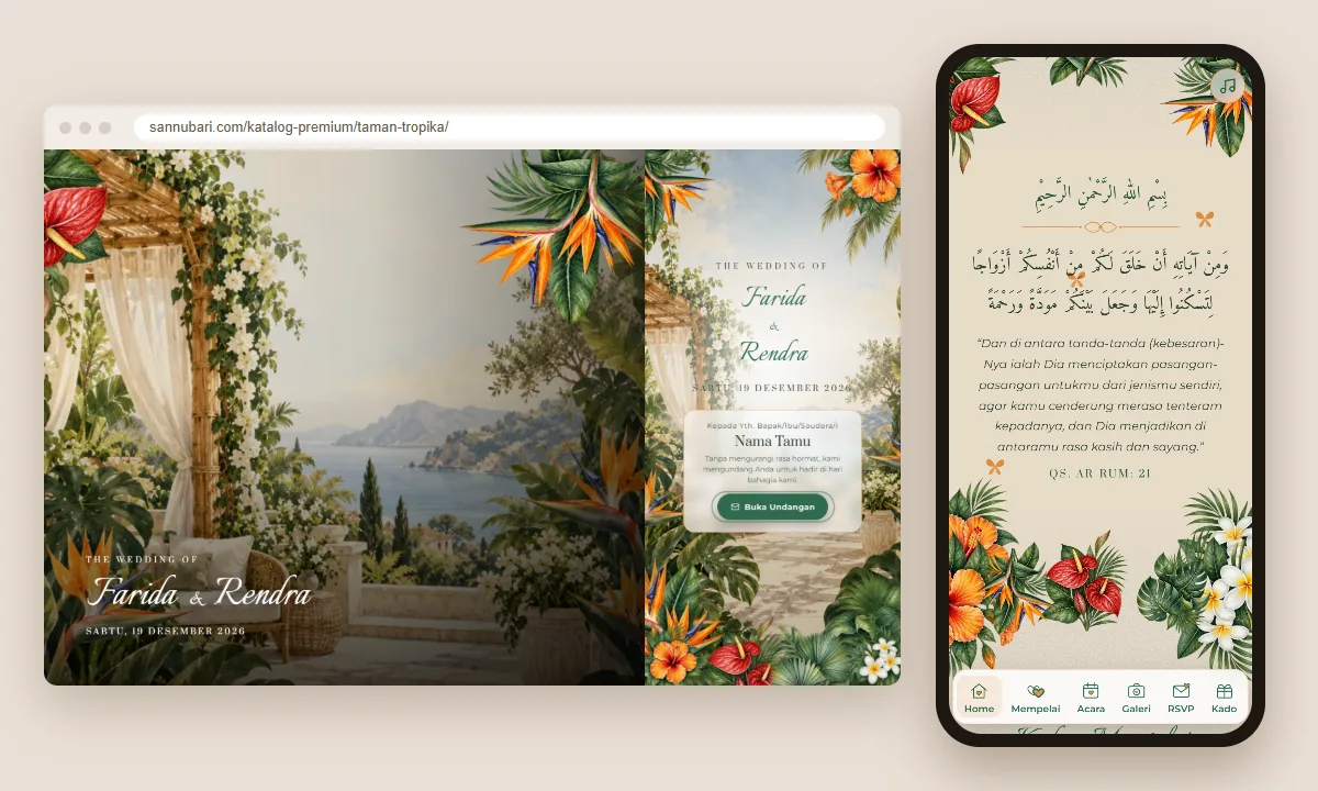 Tangkapan layar tema undangan premium Taman Tropika Sannubari: sampul di layar desktop dan isi undangan di ponsel