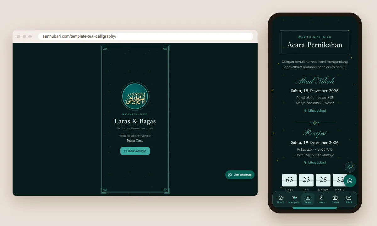 Tangkapan layar template undangan digital Teal Calligraphy Sannubari: sampul di layar desktop dan isi undangan di ponsel