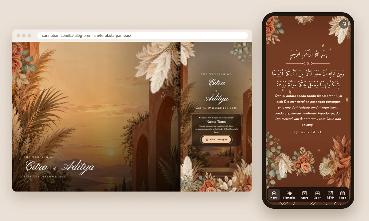 Tangkapan layar tema undangan premium Terakota Pampas Sannubari: sampul di layar desktop dan isi undangan di ponsel