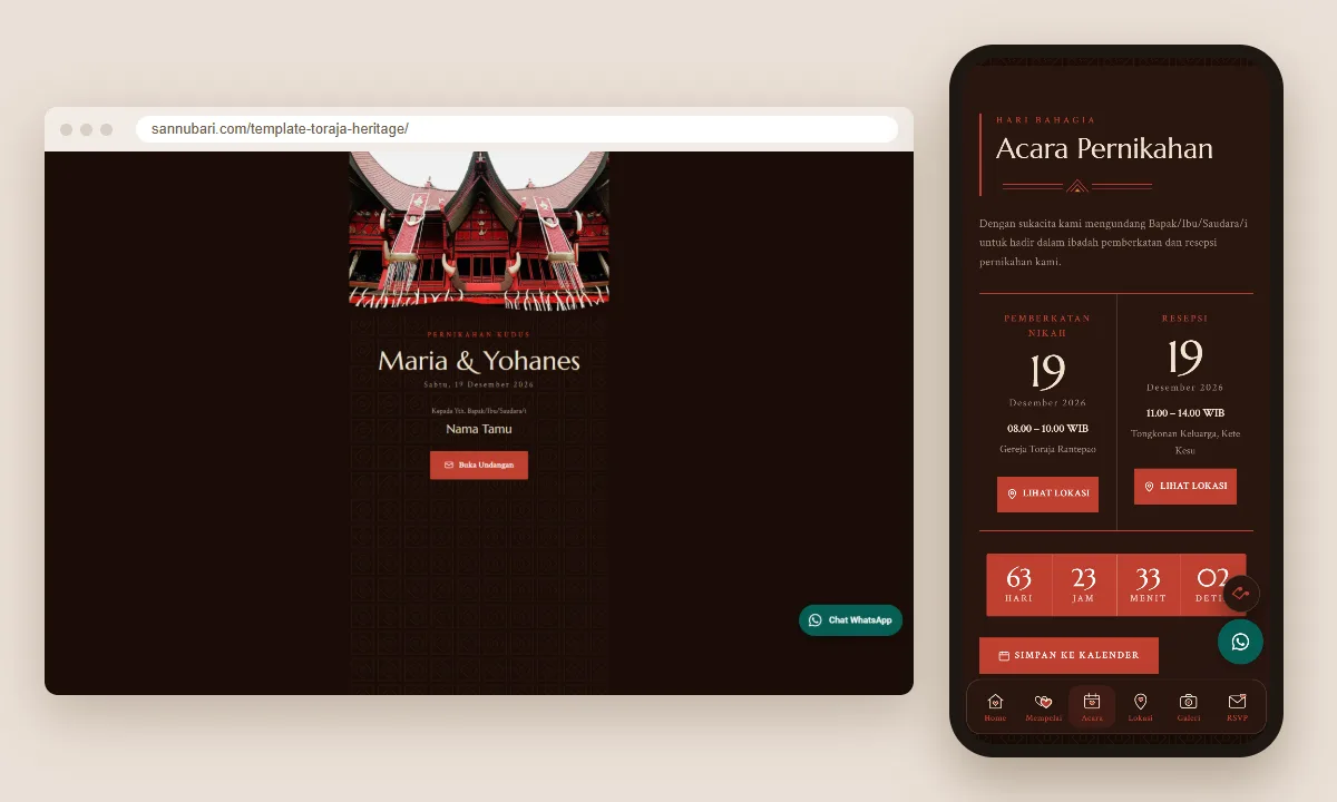 Tangkapan layar template undangan digital Toraja Heritage Sannubari: sampul di layar desktop dan isi undangan di ponsel
